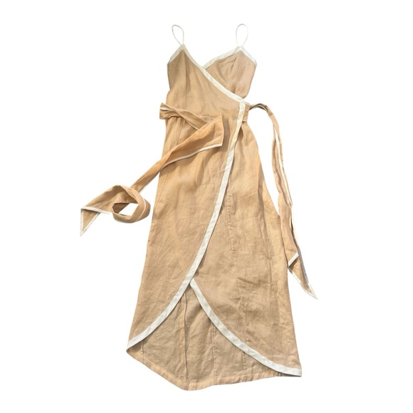 Anthropologie Azulu Vitoria Camel Linen Contrast Colorblock Wrap Dress Sz XS - Picture 11 of 12